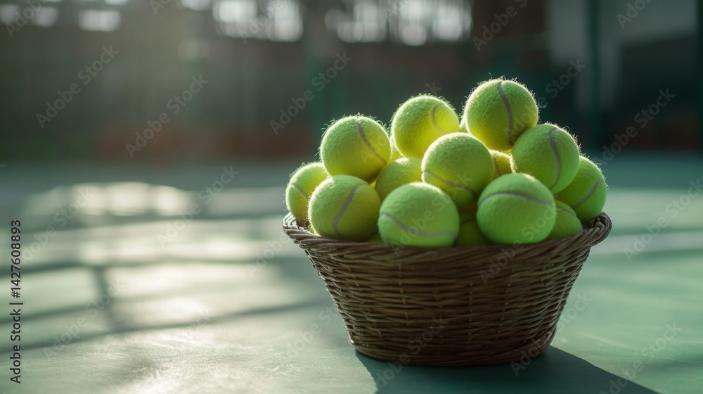 A set of tennis balls neatly stacked in a basket on the court, with natural light casting soft shadows, creating a simple yet appealing composition.