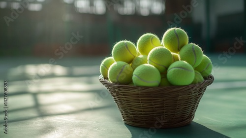 Obraz na płótnie A set of tennis balls neatly stacked in a basket on the court, with natural light casting soft shadows, creating a simple yet appealing composition. w salonie