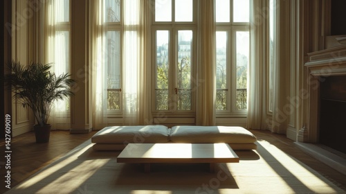 Obraz na płótnie A sleek, minimalist living room with a low-profile sofa, a simple coffee table, and large windows letting in natural light, creating a clean and uncluttered space. w salonie