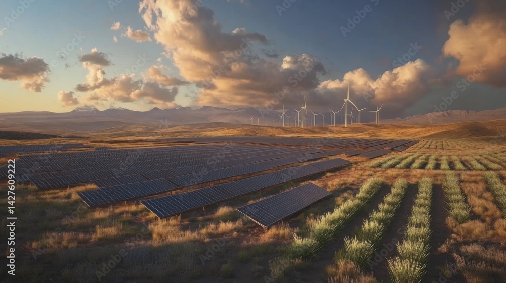 A solar farm in a rural area, rows of panels stretching across the landscape, with wind turbines in the distance, demonstrating a commitment to renewable energy sources.