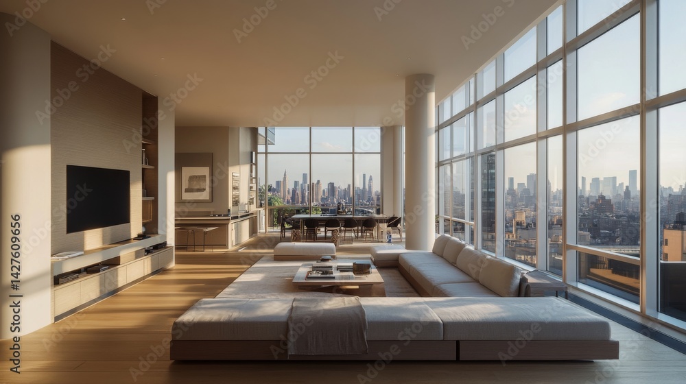 A spacious living room with large windows, an open floor plan, and a neutral color palette, including a comfortable sofa, coffee table, and a stylish entertainment center.