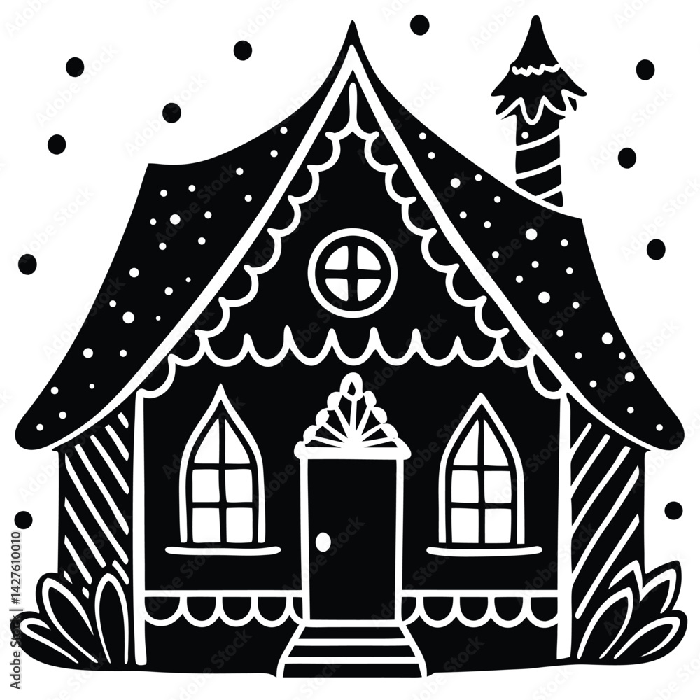 Fototapeta premium Black and White Illustrated Gingerbread House Design