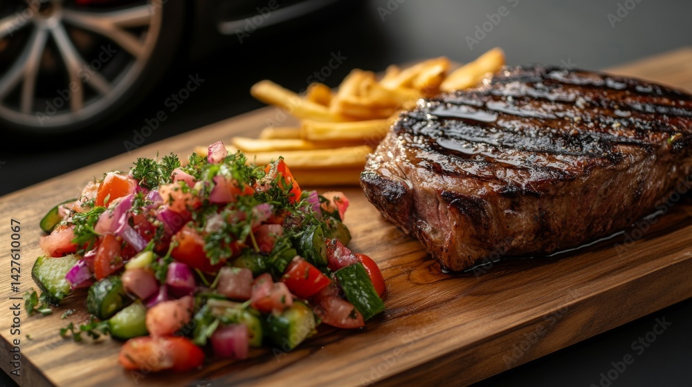 A steak served with a side of crispy fries and a fresh vegetable salad, arranged on a wooden board for a casual and appetizing presentation.