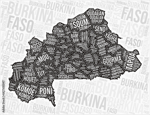 Burkina Faso regions map word cloud. Burkina Faso region names. Black and white map design. Vibrant vector illustration.