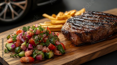 Obraz na płótnie A steak served with a side of crispy fries and a fresh vegetable salad, arranged on a wooden board for a casual and appetizing presentation. w salonie