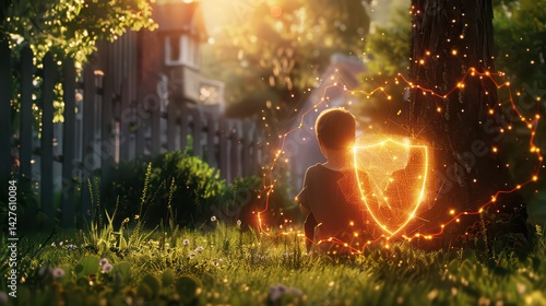 A boy in a grassy yard with a glowing shield next to a tree and a fence in the background scene