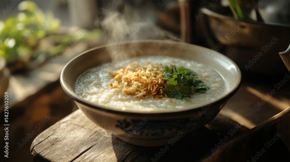 A steaming bowl of hot rice porridge topped with fresh herbs, spices, and crispy garlic, served in a traditional ceramic bowl, showcasing the comforting essence of Thai cuisine.
