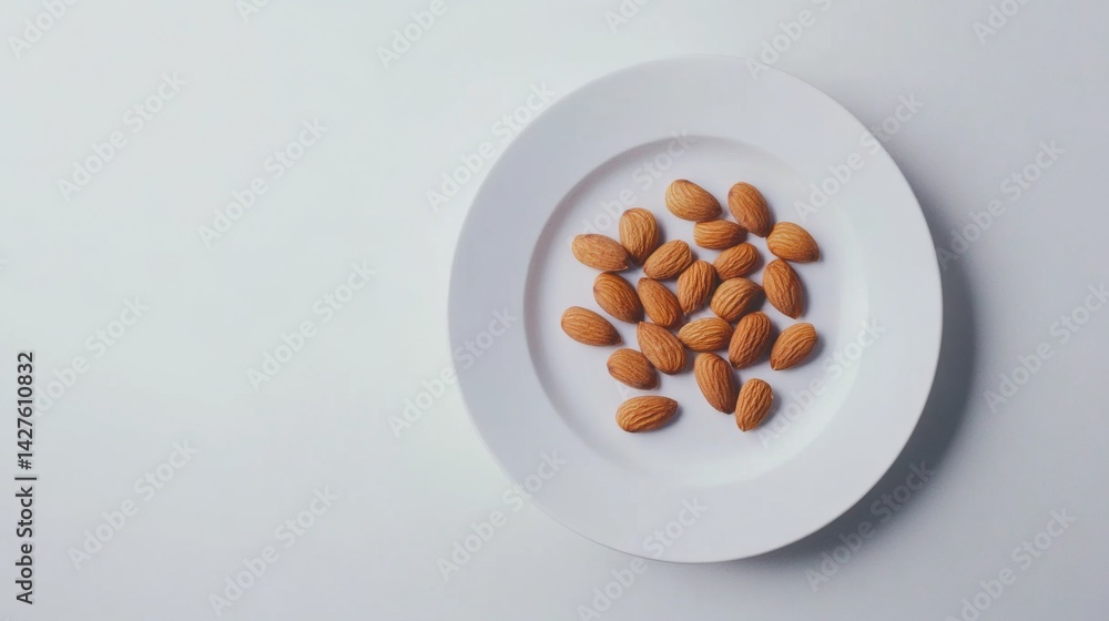A stylish arrangement of roasted almonds on a white plate, with a white background emphasizing their golden-brown color and crisp texture.