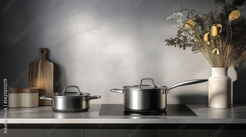 A stylish kitchen with modern cookware, including a sleek saucepan and matching frying pan, arranged neatly on a countertop with minimalistic dcor.