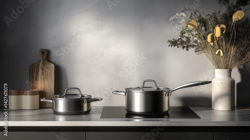 Obraz na płótnie A stylish kitchen with modern cookware, including a sleek saucepan and matching frying pan, arranged neatly on a countertop with minimalistic dcor. w salonie