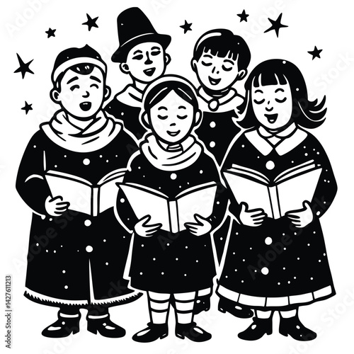 Children Singing Christmas Carols in Black and White Illustration