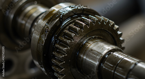 Close Up View of Metal Gear with Lubricant Oil on Shaft Machinery