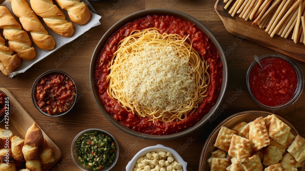 A top-down view of a family-style meal featuring a large bowl of spaghetti with marinara sauce, surrounded by serving dishes and breadsticks.