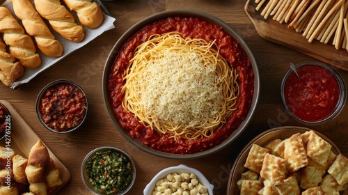 Obraz na płótnie A top-down view of a family-style meal featuring a large bowl of spaghetti with marinara sauce, surrounded by serving dishes and breadsticks. w salonie