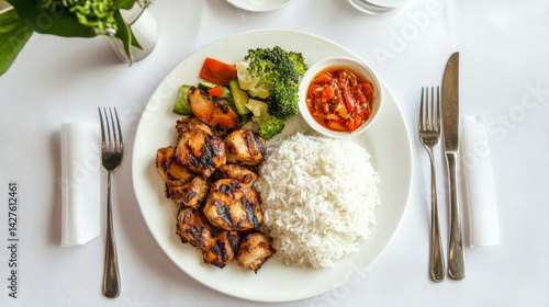 A top-down view of a plate with succulent grilled chicken pieces, accompanied by side dishes like rice and vegetables, set on a clean, white tablecloth.
