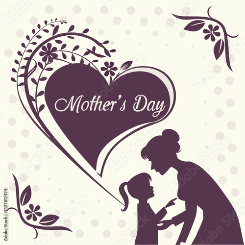Vector silhouette of mother and child with a heart and floral elements on a polka dot background for Mother's Day.