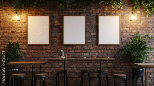 Rustic Bar Mockup Three Blank Frames on Brick Wall.