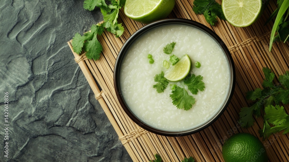 A traditional Thai setting with a bowl of rice porridge placed on a bamboo mat, accompanied by fresh ingredients like coriander and lime, creating a rustic look.