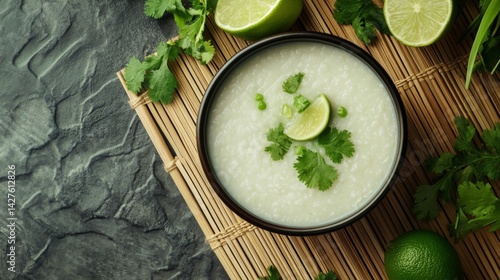 Obraz na płótnie A traditional Thai setting with a bowl of rice porridge placed on a bamboo mat, accompanied by fresh ingredients like coriander and lime, creating a rustic look. w salonie