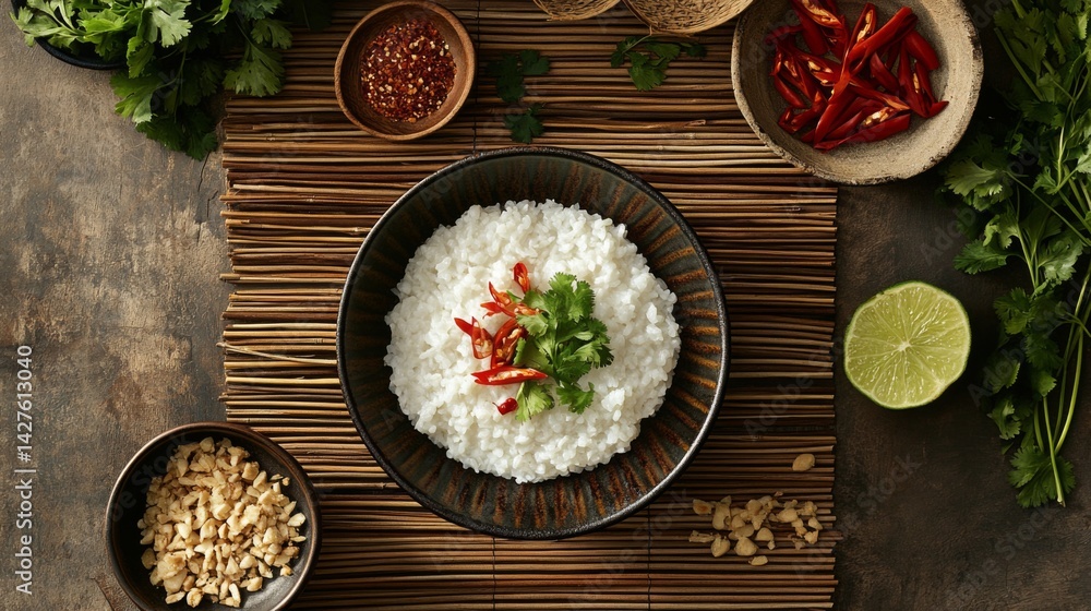 A traditional Thai setting with a bowl of rice porridge placed on a bamboo mat, accompanied by fresh ingredients like coriander and lime, creating a rustic look.