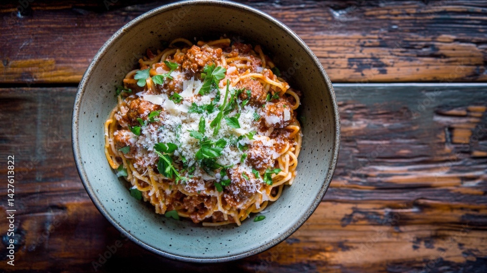 A vibrant, overhead shot of a bowl of spaghetti with meatballs, garnished with herbs and a sprinkle of cheese, set against a rustic wooden table.