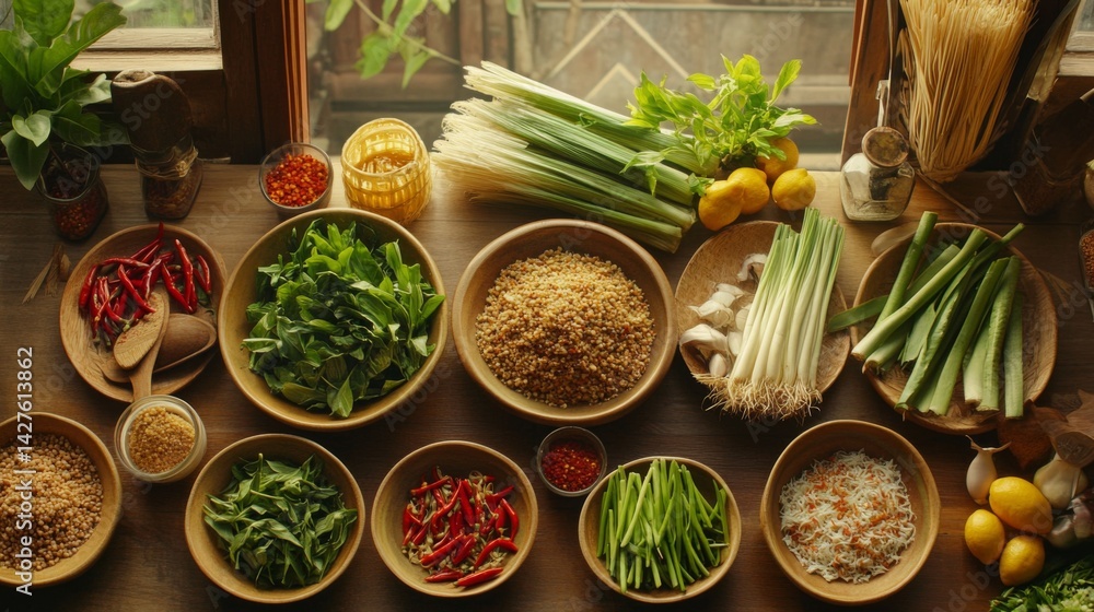 A vibrant Thai kitchen filled with fresh ingredients like lemongrass, chili, and basil, beautifully arranged on a wooden countertop, highlighting the essence of Thai cuisine.