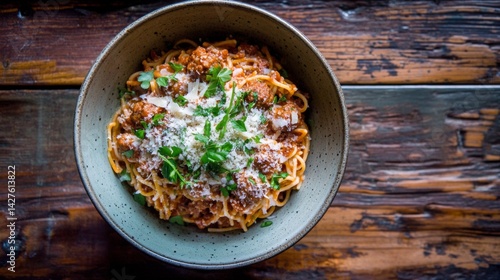 Obraz na płótnie A vibrant, overhead shot of a bowl of spaghetti with meatballs, garnished with herbs and a sprinkle of cheese, set against a rustic wooden table. w salonie