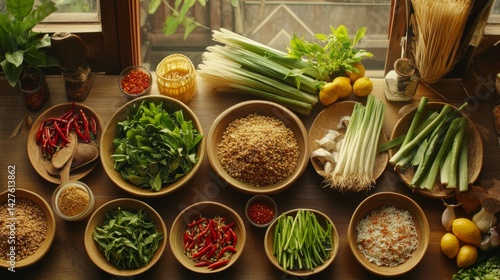 Obraz na płótnie A vibrant Thai kitchen filled with fresh ingredients like lemongrass, chili, and basil, beautifully arranged on a wooden countertop, highlighting the essence of Thai cuisine. w salonie