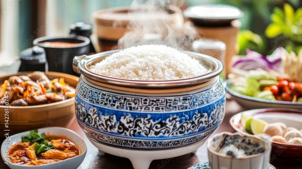 A view of a traditional Thai rice cooker steaming fragrant jasmine rice, with surrounding dishes and ingredients prepared for a family meal.