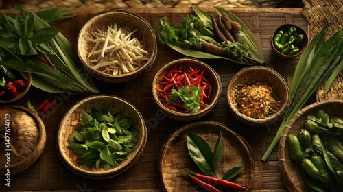 Obraz na płótnie A vibrant Thai kitchen filled with fresh ingredients like lemongrass, chili, and basil, beautifully arranged on a wooden countertop, highlighting the essence of Thai cuisine. w salonie