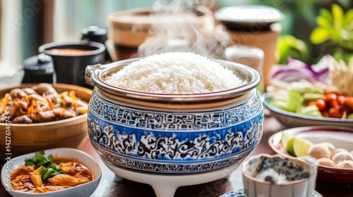 Obraz na płótnie A view of a traditional Thai rice cooker steaming fragrant jasmine rice, with surrounding dishes and ingredients prepared for a family meal. w salonie