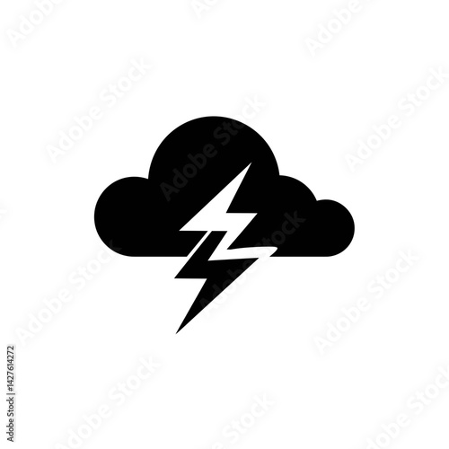 A simple black silhouette of a cloud with a lightning bolt, concept for weather app icon, logo design, and weather forecast presentation