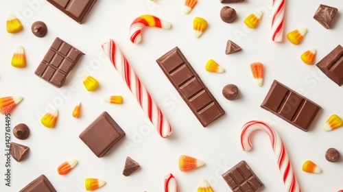 Obraz na płótnie A whimsical arrangement of candy canes, chocolate bars, and candy corn, displayed on a white background, perfect for highlighting holiday or seasonal sweets. w salonie