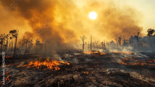 Smoky haze covering a forested landscape after a wildfire, with the sun struggling to break through, symbolizing environmental damage and natural disaster recovery.