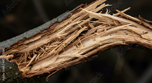 Close Up Of A Fractured Branch Showing Wood Fibers in a Dim Light