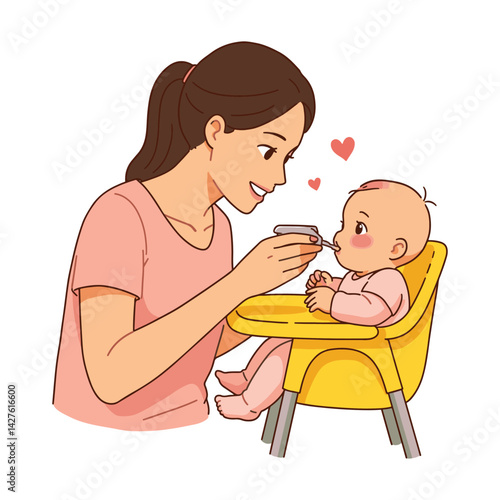 Adorable vector illustration of a mother feeding her baby in a high chair with a gentle and loving expression. Cartoon style with heart icons representing affection. Perfect for parenting content.
