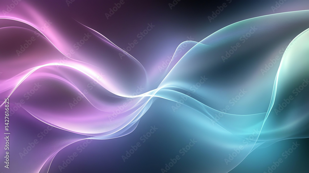 Fototapeta premium Elegant green gradient light on black background with glowing waves, light blue and purple hues. Futuristic, abstract, and radiant for a mesmerizing effect