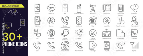 Phone Stroke icon collections. Containing Mobile, 24 Hours, Wifi, Mobile Game, Antenna, Telephone, Phone User, Retro Phone, Message, and Signal icons. Editable Stroke icon collection Outline icon