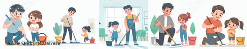 Happy father and daughter mopping the floor vector collection