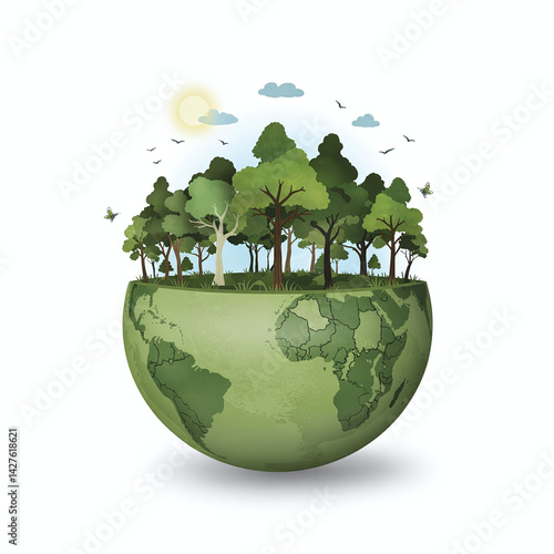 Lush Earth: Verdant Globe Symbolizing Ecological Harmony and Conservation, Showcasing Thriving Forest Ecosystems atop a Geographical Sphere with Wildlife and Atmospheric Elements