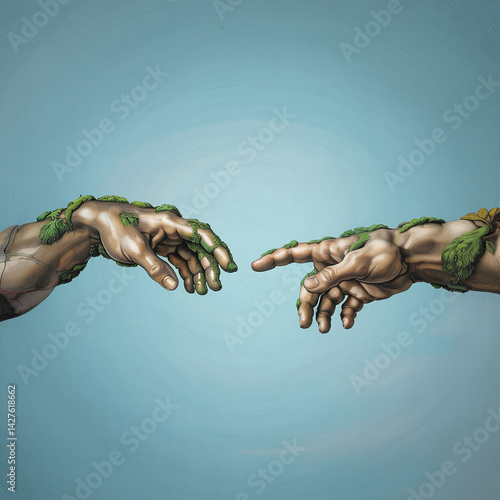 Intertwined Fates: A Symbolic Depiction of Human Connection and Environmental Growth, Featuring Two Hands adorned with Moss Reaching Towards Each Other on a Plain Background