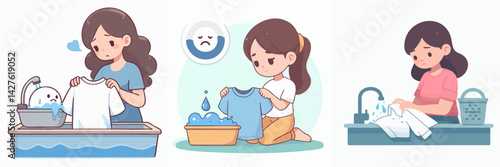 Vector collection A sad young woman is washing clothes