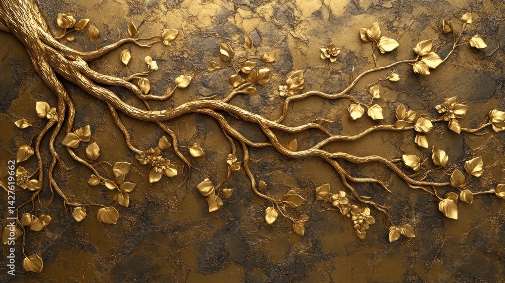 Golden Tree roots with Stucco Stems and Leaves An elegant 3D floral background. Elegant 3D Floral Background Featuring Golden Tree roots with Stucco Stems and Leaves.