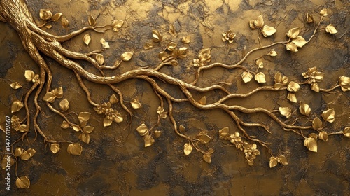 Obraz na płótnie Golden Tree roots with Stucco Stems and Leaves An elegant 3D floral background. Elegant 3D Floral Background Featuring Golden Tree roots with Stucco Stems and Leaves. w salonie