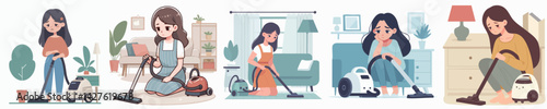 Vector collection A sad young woman vacuuming the house with a vaccum cleaner