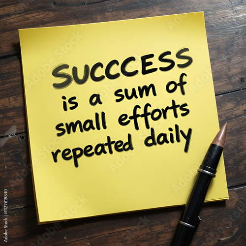 Success is a sum of small efforts repeated daily text on yellow notepad. Encouragement concept