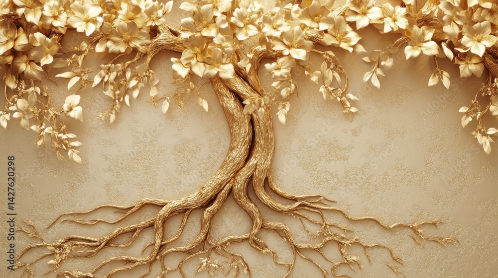 Golden Tree roots with Stucco Stems and Leaves An elegant 3D floral background. Elegant 3D Floral Background Featuring Golden Tree roots with Stucco Stems and Leaves.