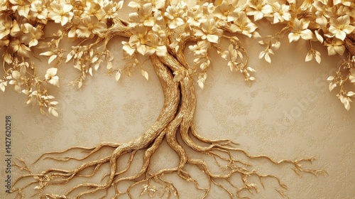Obraz na płótnie Golden Tree roots with Stucco Stems and Leaves An elegant 3D floral background. Elegant 3D Floral Background Featuring Golden Tree roots with Stucco Stems and Leaves. w salonie