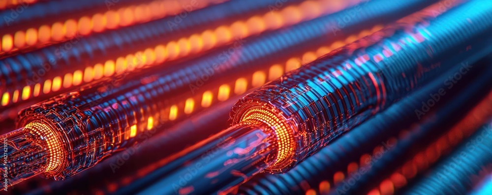 Lights of glowing fiber optic cables with soft network connection concept. Futuristic abstract technology background with glowing lines. Lights of glowing fiber optic cables with soft network connection concept. Futuristic abstract technology background with glowing lines.