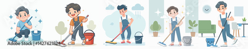 Vector collection A happy young man is cleaning the floor with a mop and a bucket of water